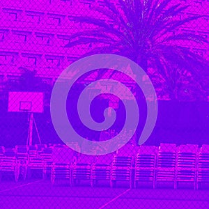 Stylish travel design. Palm trees, urban and trendy purple background. Very peri photo