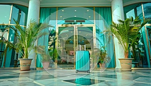 Stylish travel suitcase at the entrance of a luxurious and elegant hotel establishment photo