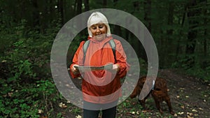 Stylish traveler active senior 50s woman with Irish Setter dog looking at mountains, exploring woods. Travelers explore