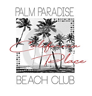 Stylish trendy slogan t-shirt graphics print illustration palm paradise beach club