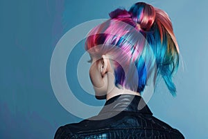 Stylish updo featuring a woman with multicolored dyed hair against a blue background