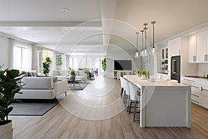Stylish and upscale interior design merging a white kitchen, dining, and living area