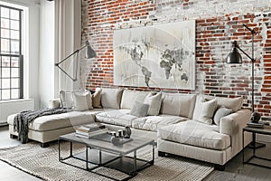 Stylish urban living room with exposed brick walls and modern decor