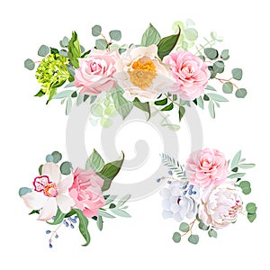 Stylish various flowers bouquets vector design set. Green