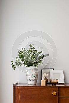 Stylish vase on wooden sideboard