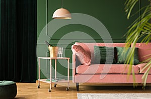 Velvet sofa in pink and green living room