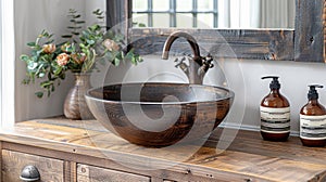 Stylish vessel sink and faucet on wooden countertop. Interior design of modern bathroom