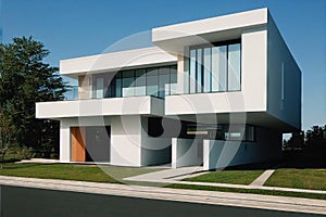 Stylish villa with modern house exterior with white straight walls and large windows.