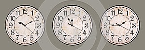 Stylish vintage clock showing different time on color background, collage design