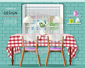 Stylish vintage dining room interior: dinner table with checkered tablecloth, window with jalousie and brick wall with shelves.