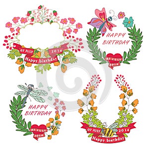 Stylish Vintage floral label with butterflies,bees.Hellow summer