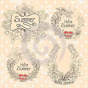 Stylish Vintage floral label with butterflies,bees.Hellow summer