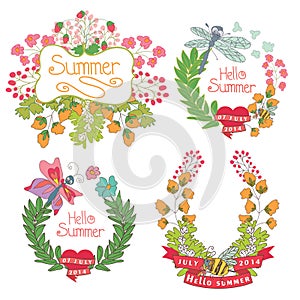 Stylish Vintage floral label with butterflies,bees.Hellow summer