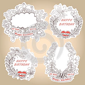 Stylish Vintage floral label with butterflies,bees.Hhappy birthday.Outline