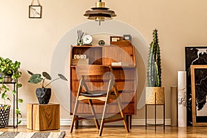 Stylish and vintage interior design of open space with retro furniture, plants and decoration.