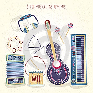 Stylish vintage set of musical instruments on a textural background. Drums, treugodbnik, guitar, violin, headphones, accordion.