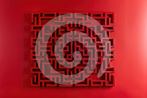 A stylish wall hanging featuring geometric maze patterns, isolated on a solid ruby red background