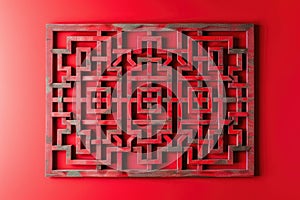A stylish wall hanging featuring geometric maze patterns, isolated on a solid ruby red background