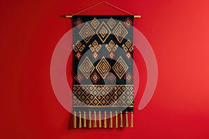A stylish wall hanging with geometric patterns in black and gold, isolated on a solid ruby red background