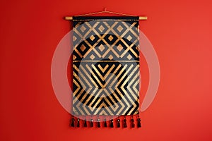 A stylish wall hanging with geometric patterns in black and gold, isolated on a solid ruby red background