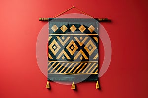 A stylish wall hanging with geometric patterns in black and gold, isolated on a solid ruby red background