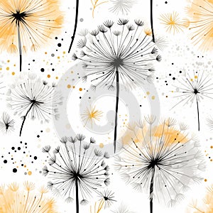 Stylish watercolor seamless pattern with monochrome dandelions and golden accents on white background
