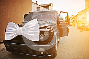 Stylish wedding cortege of cars with a bow and hat