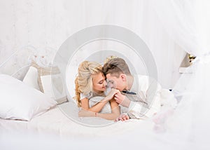 Stylish wedding couple in love interior studio