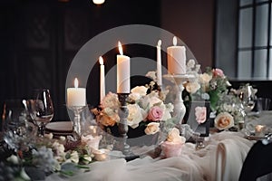 Stylish wedding table decorated with candles and flowers, neural network generated image