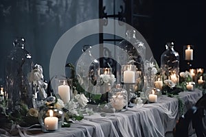 Stylish wedding table decorated with candles and flowers, neural network generated image