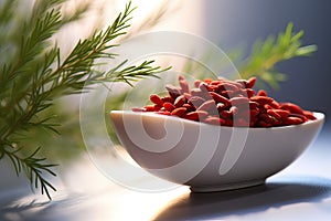 Stylish White Bowl Filled with Fresh Red Goji Berries on a Modern Kitchen Counter