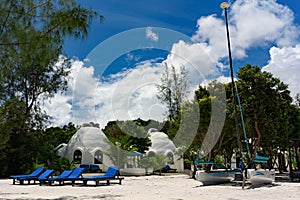 Stylish white bungalows at the beach of island Koh Rong Samloem.
