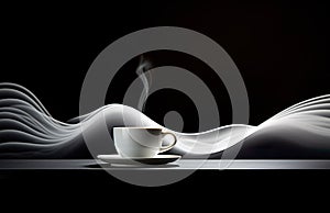 stylish white cup of tea or coffee with steam on black background, swirl and wave pattern, drink concept with elegant