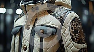 Stylish white jacket with a snake-print pattern close-up photo