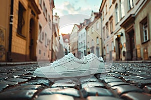 Stylish White Sneakers on Cobblestone Street, Urban Fashion