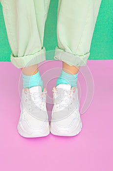 Stylish White sneakers shoes. Minimal mood concept. Vanilla design. Ideal for bloggers, websites, magazines, business owners,