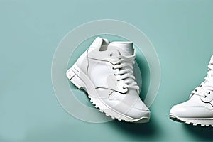 Stylish white sports shoes on a blue background. Fashionable sneakers for walking