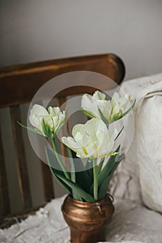 Stylish white tulips in vintage vase on old wooden chair with linen cloth. Countryside rustic still life. Moody Spring flowers