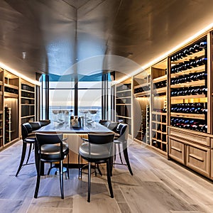 A stylish wine tasting room with a glass-enclosed wine cellar, a tasting bar, and elegant seating2, Generative AI