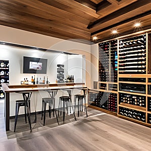 A stylish wine tasting room with a glass-enclosed wine cellar, a tasting bar, and elegant seating3, Generative AI