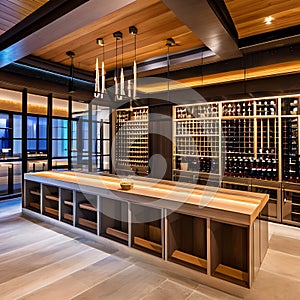 A stylish wine tasting room with a glass-enclosed wine cellar, a tasting bar, and elegant seating4, Generative AI