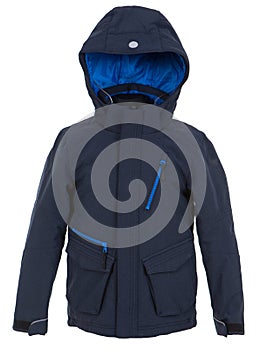 Stylish winter clothes. Blue jacket with hood  on white background