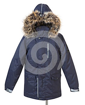 Stylish winter clothes. Blue jacket  on white background. Hood with fur.