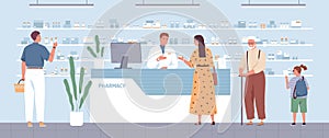 Stylish woman buying remedy consulting with pharmacist at drugstore vector flat illustration. Different people stand in