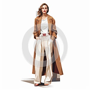 Stylish Woman In Camel Coat And Wide Leg Pants - Photorealistic Illustration