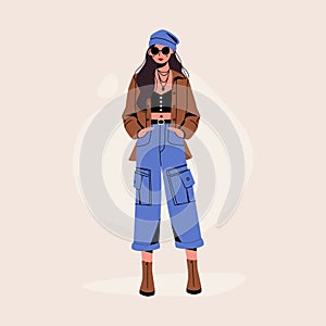 Stylish woman. Cartoon female character wearing casual outfit, fashionable hipster girl in trendy clothes, vogue