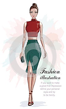 Stylish woman in fashion clothes: red crop top and green skirt. Beautiful fashion woman with hand bag. Sketch.