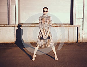 Stylish woman in a leopard dress, glasses and bag in the ghetto