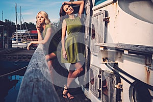 Stylish woman on old boat