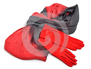 Stylish woman red gloves and a grey scarf isolated on white